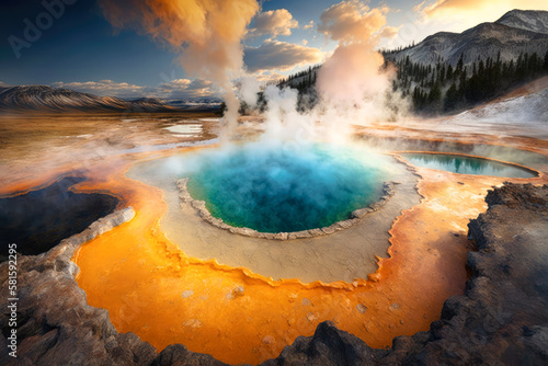 Foto The geothermal hot springs of Yellowstone National Park, USA, with steam rising