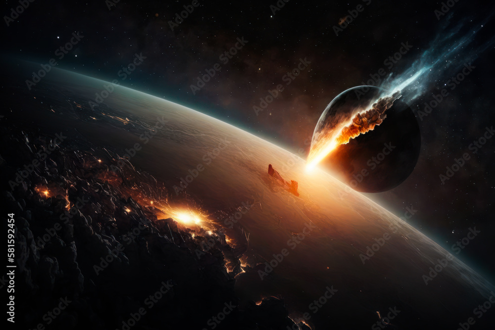 View on a planet from orbit. Universe, space and galaxies background. Design element for space or astronomy. Generative AI universe background. View on a planet from orbit. Universe, space and galaxies background. Design element for space or astronomy. Generative AI universe background.