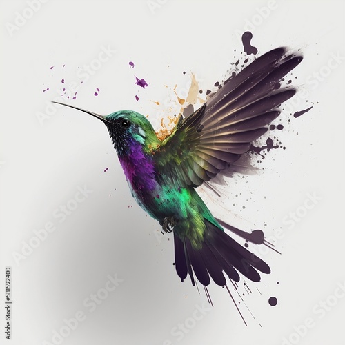 Hummingbird in splashes of paint. Bird on a light background. Generative AI. © Ann
