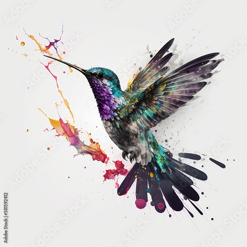 Hummingbird in splashes of paint. Bird on a light background. Generative AI.