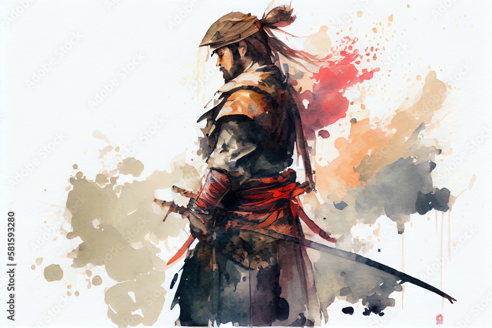 Naklejka premium Watercolor Illustration of a Samurai Warrior With Katana. Generative AI