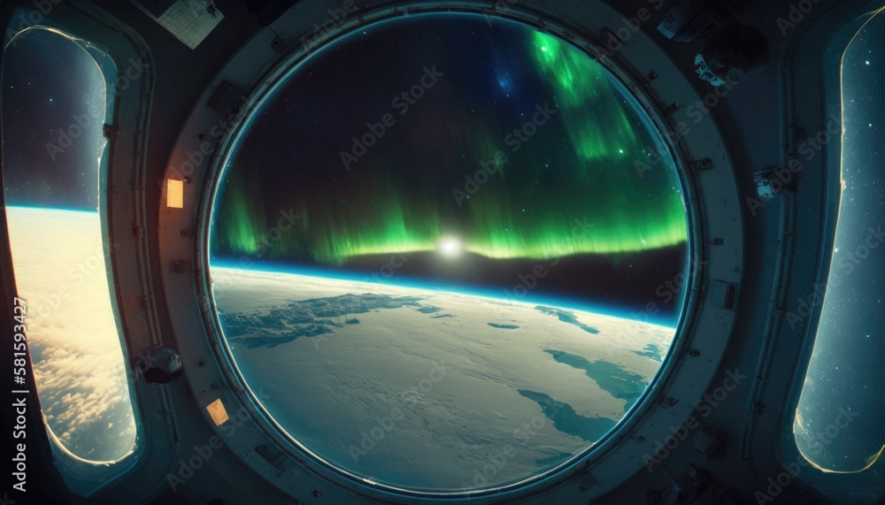 City Lights and Northern Lights from Spacecraft, green lights and blue planets, AI City Lights and Northern Lights from Spacecraft, green lights and blue planets, AI