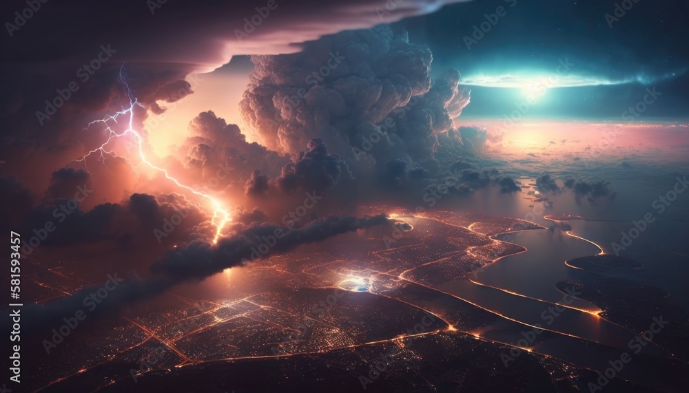 storm and lightning above a city seen from the sky, extreme weather, AI