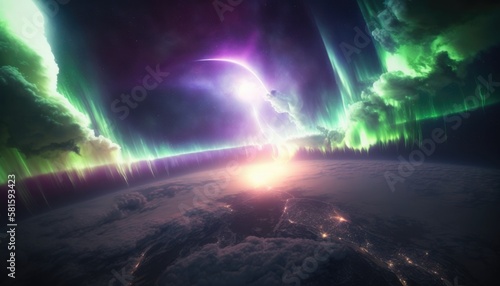 Spectacular Space View of purple and green aurora borealis and Urbanization on Earth  AI 