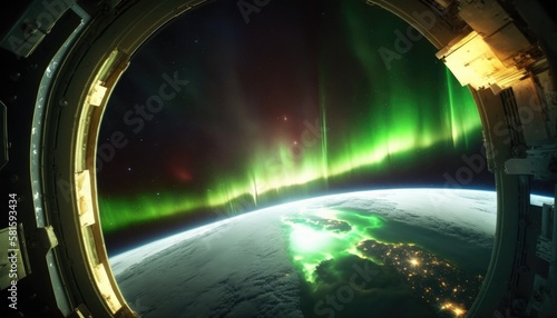 Spacecraft Captures Northern Lights and Glowing City Lights on Earth, cinematic wallpaper, AI 