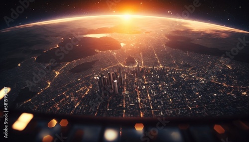 Fototapeta Naklejka Na Ścianę i Meble -  earth in space whit sun, big city view from the space, horizon sunset, AI 