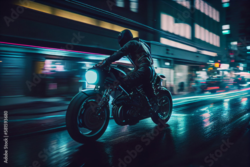 Motorcycle rider at night fast speed driving .Speed motion blur motorcycle in the city night. © Imaginarium_photos