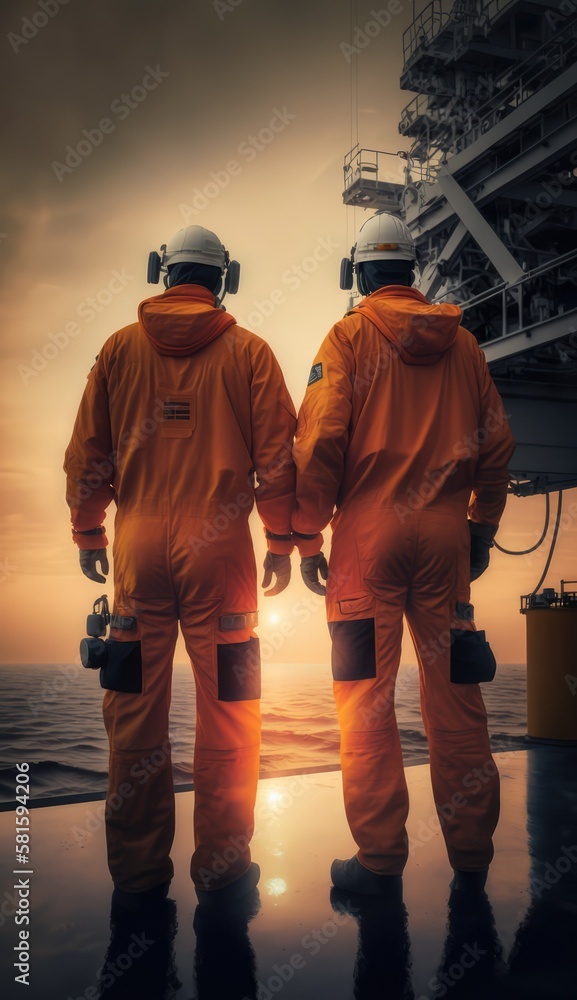 Offshore workers working at oil and gas production, made with generated ai Offshore workers working at oil and gas production, made with generated ai