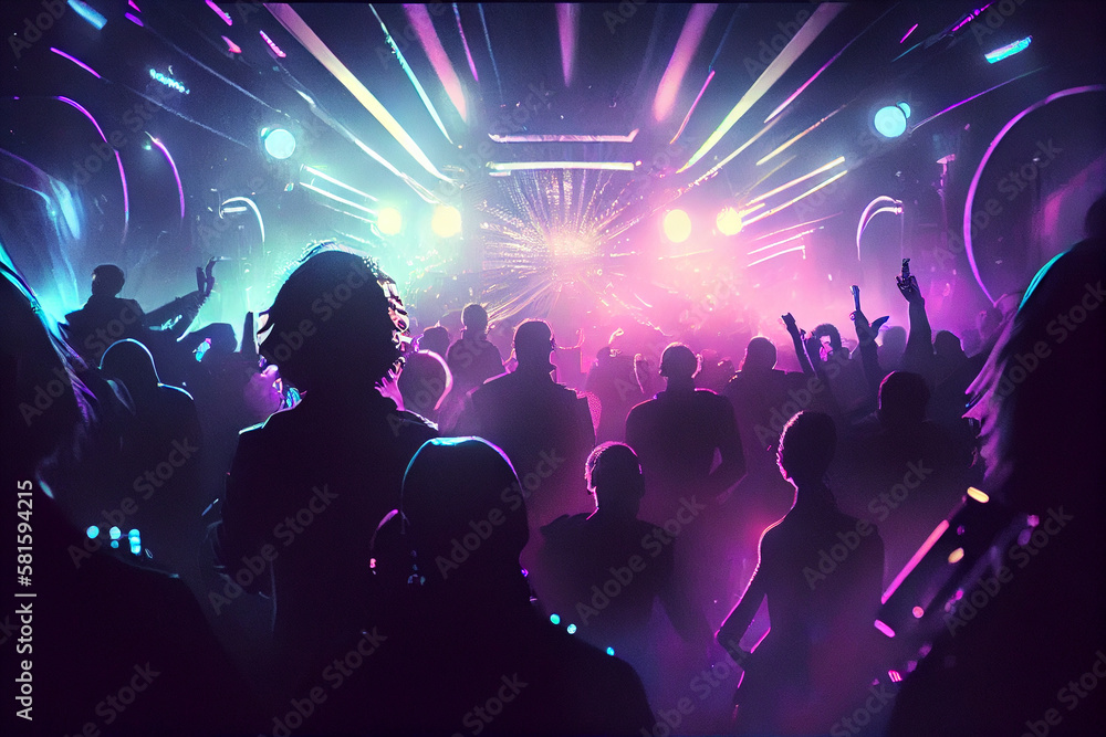 Young happy people are dancing in club. Nightlife and disco concept. Crowd of young people dancing in night club. silhouettes of concert crowd in front of bright stage lights