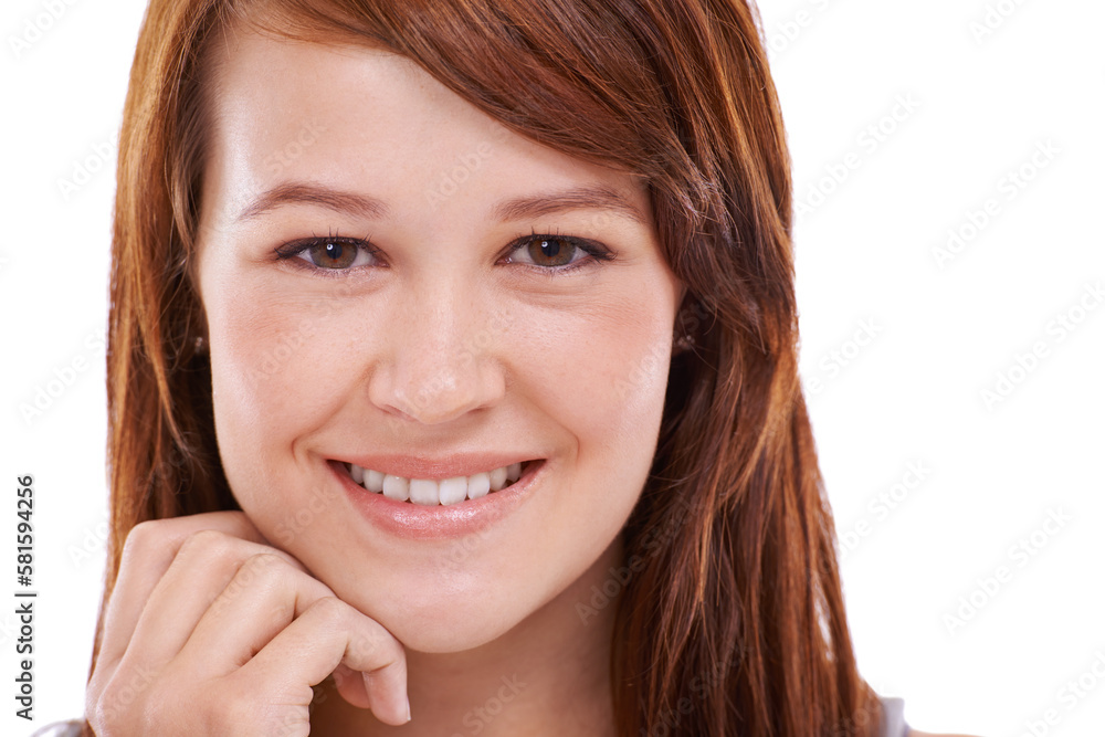 Just being herself. Cropped closeup portrait of a pretty redhead against a white background. Just being herself. Cropped closeup portrait of a pretty redhead against a white background.