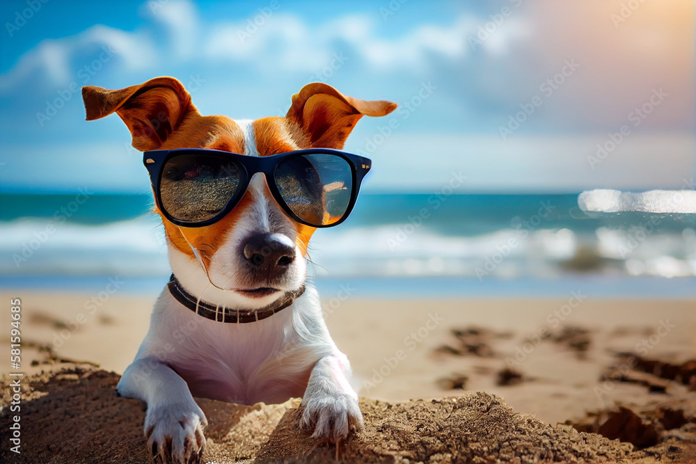 Cute dog - jack Russell terrier with sunglasses, enjoying on the beach. Generate Ai