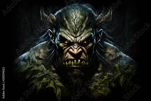 Ugly green orc warrior portrait on a black background. Green-skinned muscular orc fighter face close up, Generative AI. Mystical magic creature. photo