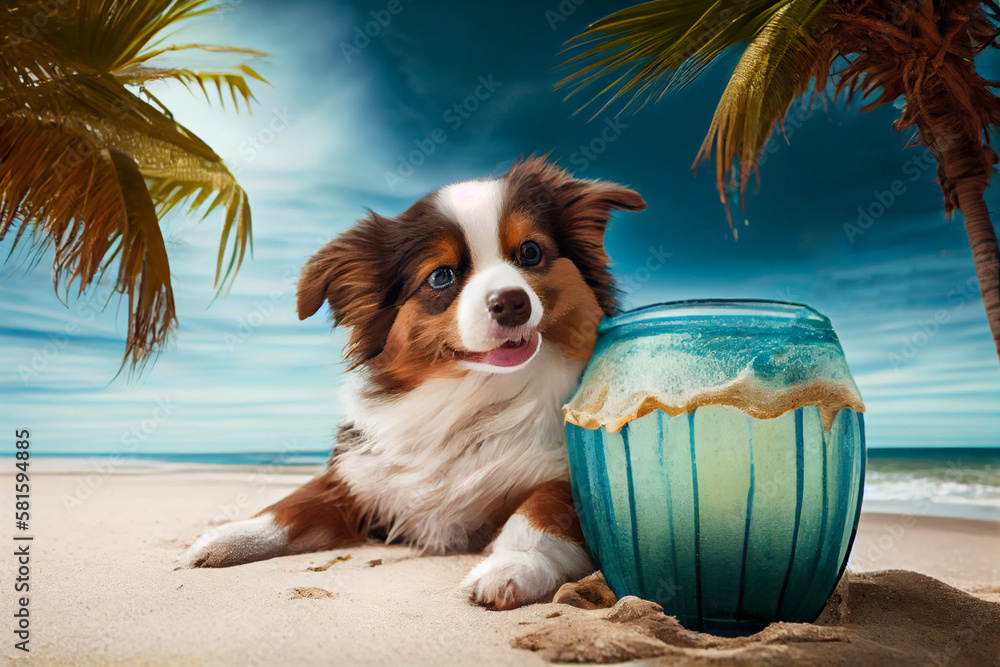 Cute dog, enjoying on the beach with a coconut drink. Generate Ai