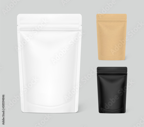 Stand up pouch bag mockups with zipper mockup. Vector illustration. Front view. Can be use for template your design, presentation, promo, ad. EPS10.