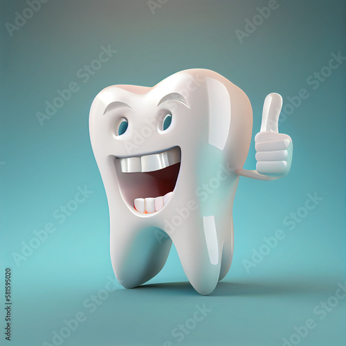 3D realistic happy white tooth , Tooth cartoon characters with thumbs up on bright background , Cleaning and whitening teeth concept. Generate Ai
