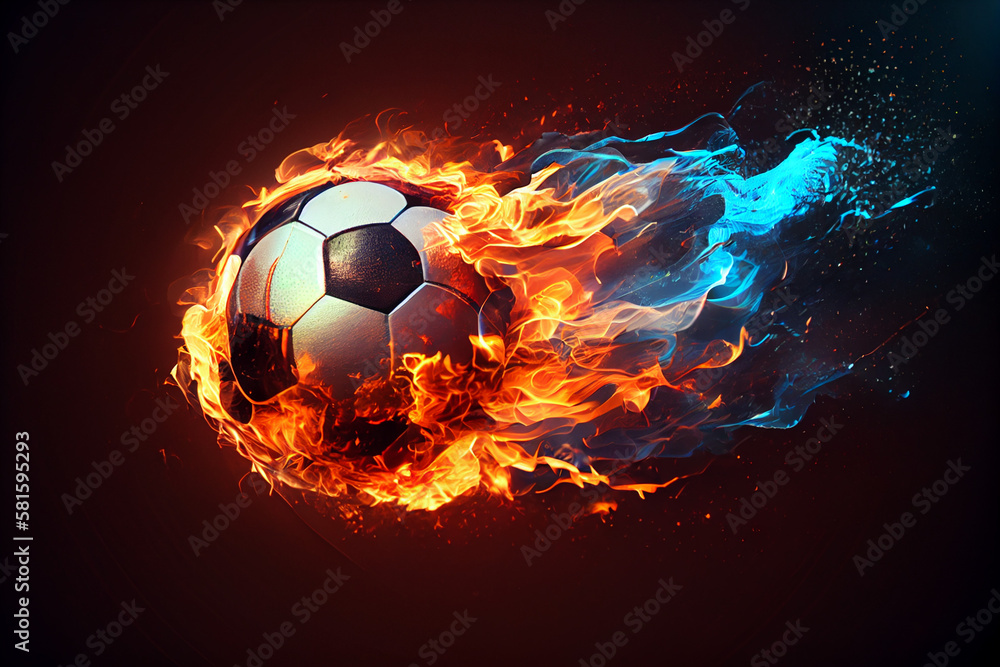 Fototapeta premium Football on fire flying, on bright background. Generate Ai