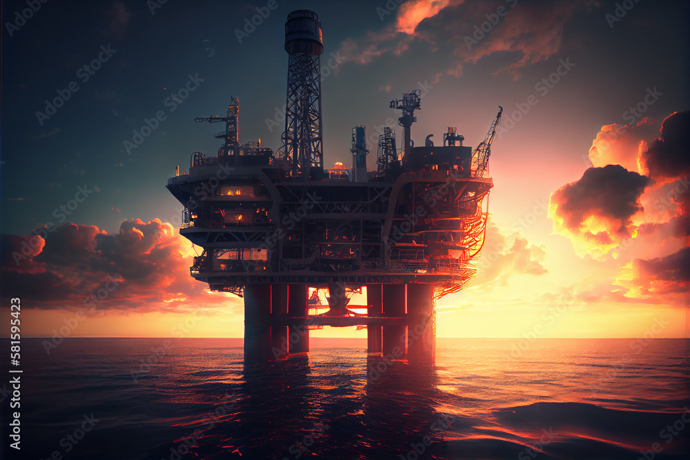 Offshore petroleum platform oil rig and gas at sea. Illustration of oil platform on sea and sunset in background
