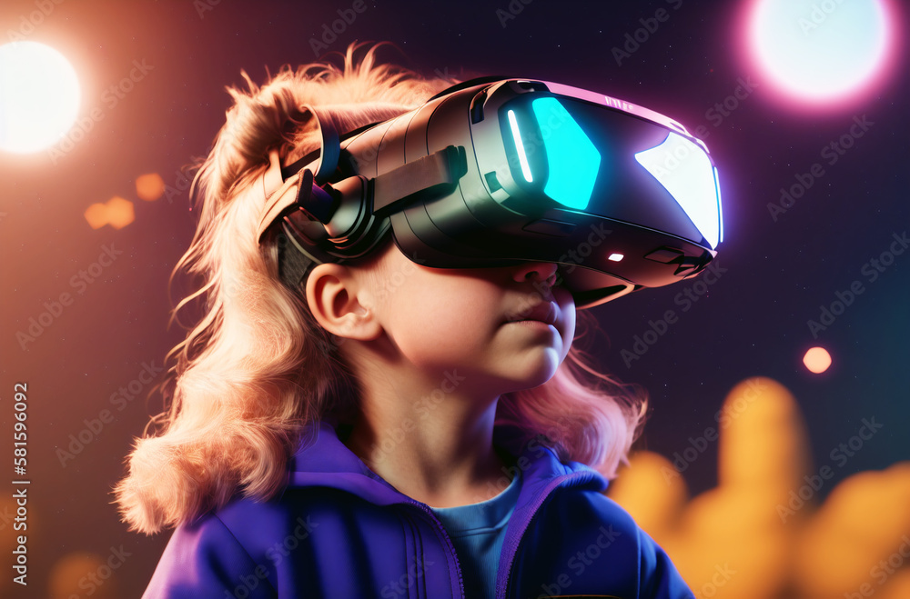 Little girl in VR goggle on background of space. Portrait of child in virtual reality glasses. Concept of artificial reality. Generative AI. Little girl in VR goggle on background of space. Portrait of child in virtual reality glasses. Concept of artificial reality. Generative AI.
