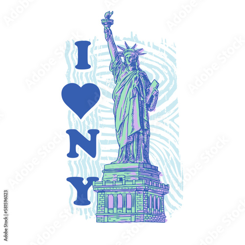 HAND DRAWN STATUE LIBERTY NEW YORK AMERICAN FREEDOM PAINTED BRUSH STROKE DISTRESSED BUILDING LANDMARK TYPOGRAPHY DESTINATION TOURIST HOLIDAY VINTAGE TSHIRT TEE PRINT FOR APPAREL MERCHANDISE