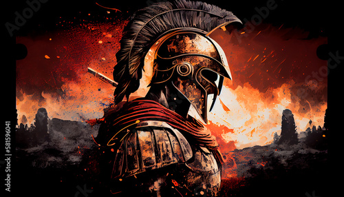 Spartan soldier illustration with helmet and battlefield in background. Generative AI photo