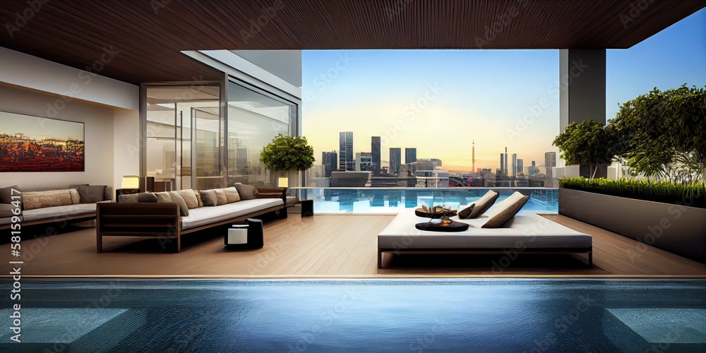 Image showcasing amazing luxury penthouse with pool overlooking Singapore skyline ...