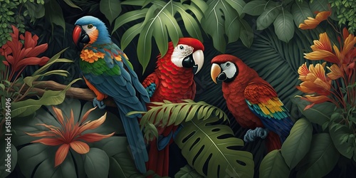 Tropical exotic pattern with macaws and flowers in bright colors and lush vegetation, generative AI © FrankBoston