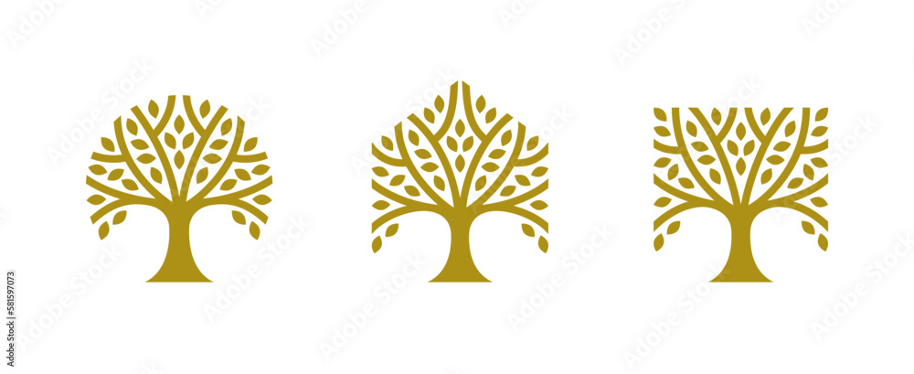 Set of tree logos in different geometric shapes: circle, square and hexagon.