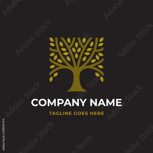 Olive tree logo in a square shape on black background.