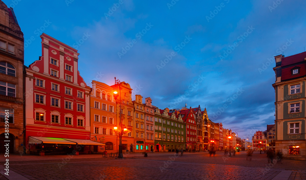 Evening view of the market square in the city of Wroclaw. Poland