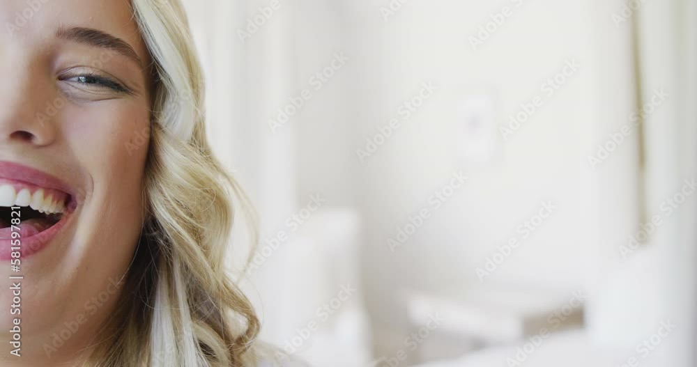 Portrait of happy caucasian plus size woman at home in slow motion Portrait of happy caucasian plus size woman at home in slow motion