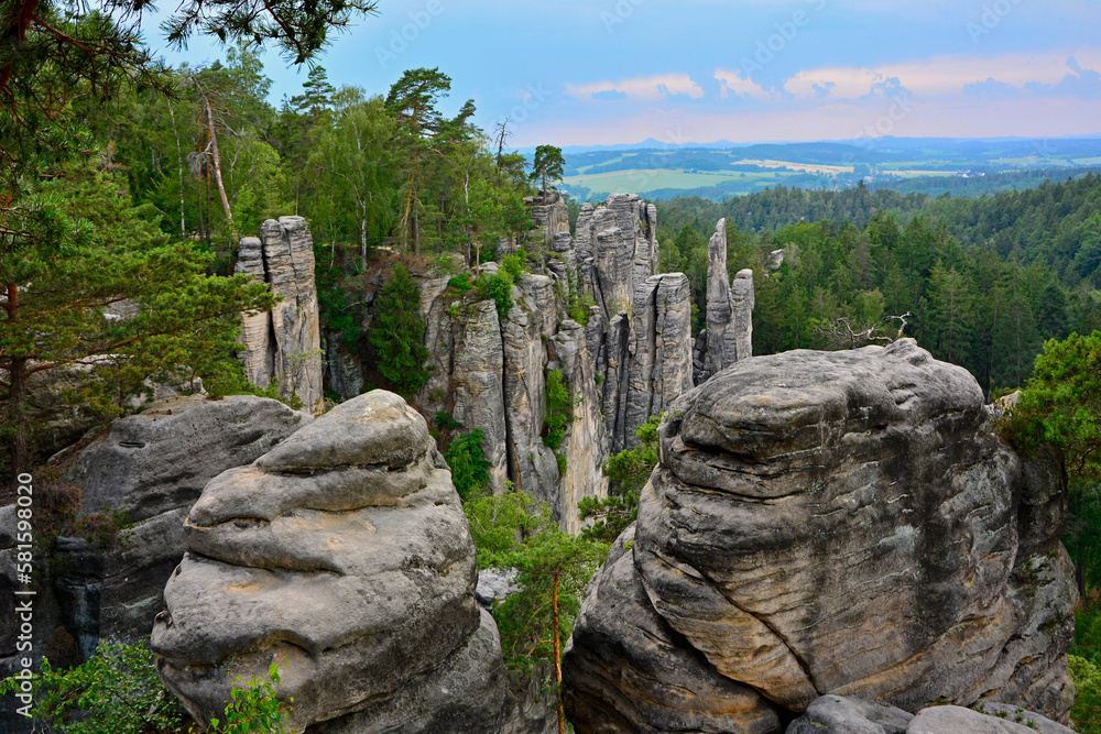 skalne formacje w górach, ardspach, rock formations in park, Rock town in Adrspach, Park of Adrspach-Teplice rocks, skały i drzewa na tle niebieskiego nieba, rocks and trees