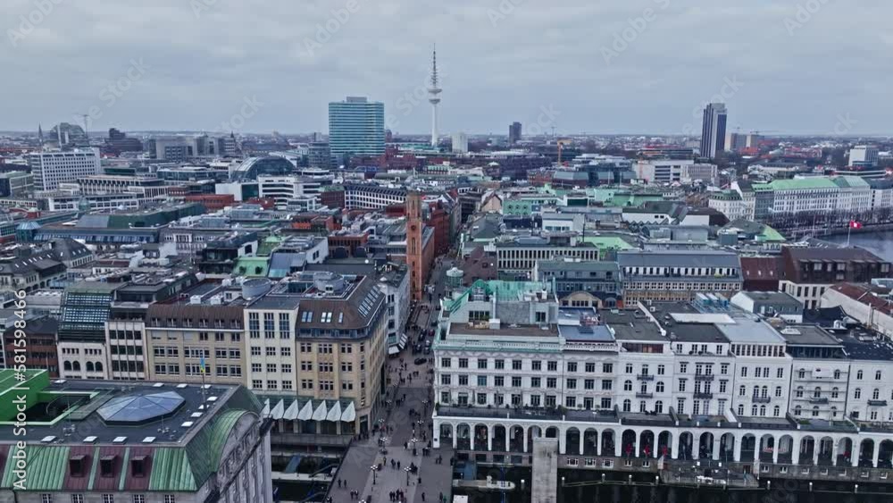 Drone shot of Poststraße and The Alsterarkaden , Hamburg city centre , Germany Drone shot of Poststraße and The Alsterarkaden , Hamburg city centre , Germany