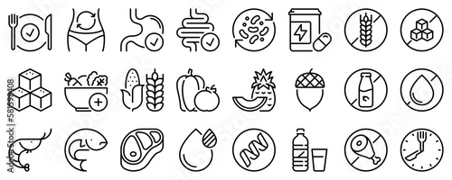 Line icons about nutrition on transparent background with editable stroke.