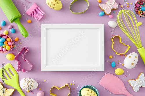 Easter cooking concept. Top view photo of white photo frame colorful eggs kitchen utensils baking molds butterfly cookies сolorful dragees sprinkles on isolated violet background
