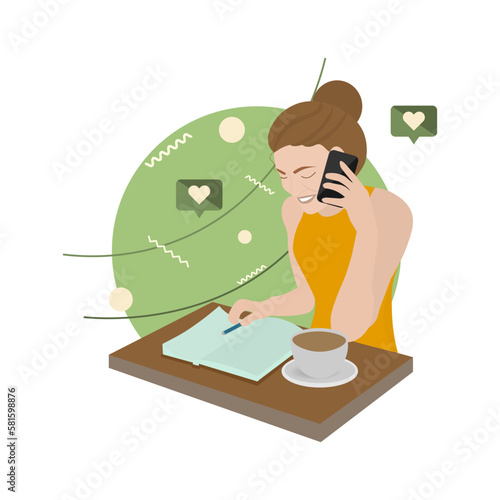 The girl works in a cafe. Vector illustration.