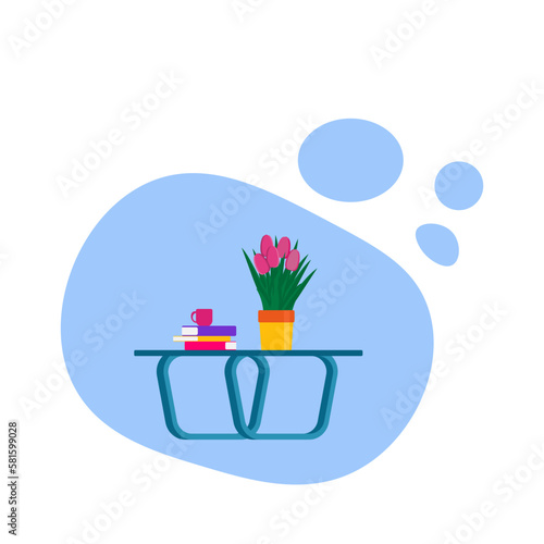Coffee table. Flowers and books on the table. Vector illustration.