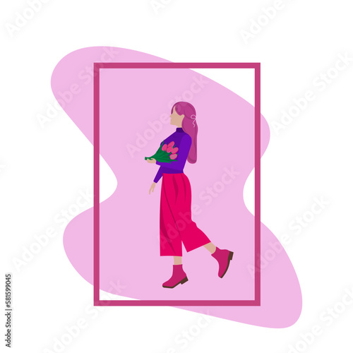 A girl with flowers in her hands. Vector illustration.