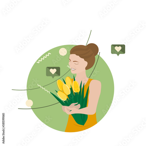 A girl with flowers in her hands. Vector illustration.