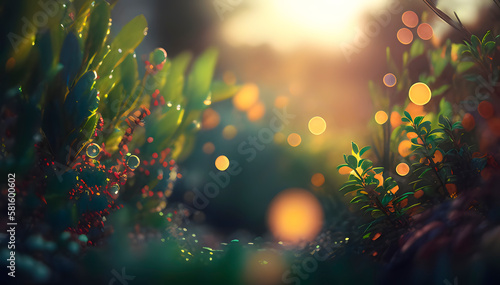 macro photo of green grass  grass with dew and beautiful bokeh  soft focus  blurred background  space for text  generative ai