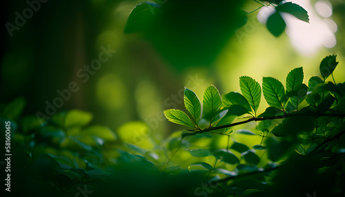 minimalistic landscape, macro photography of a green twig, soft focus, blurred background, space for text, generative ai