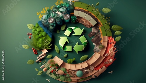 Recycle, reduce, reuse and repair. Creative images about recycling, waste reduction and reuse. Original composition of caring for the environment and recycling. The three R's. Generated by AI. © Moon Project