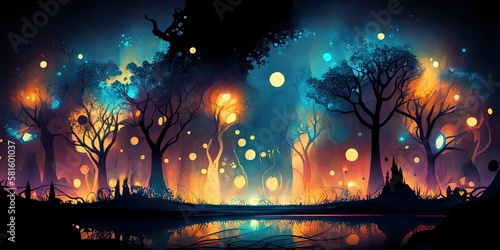 Digital art image of a colorful, abstract landscape featuring a glowing forest and captivating lights, Generative AI © Oleksii