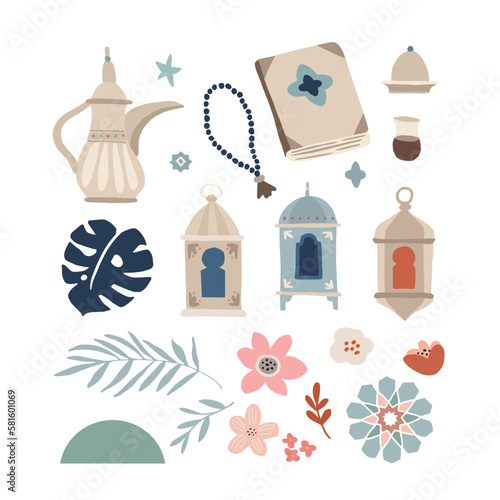 Set of hand drawn illustrations for Ramadan Kareem holiday. Islam, muslim religion concept. Isolated vector objects. Quran, prayer beads and palm leaves with flowers. Dallah coffee pot, lanterns.