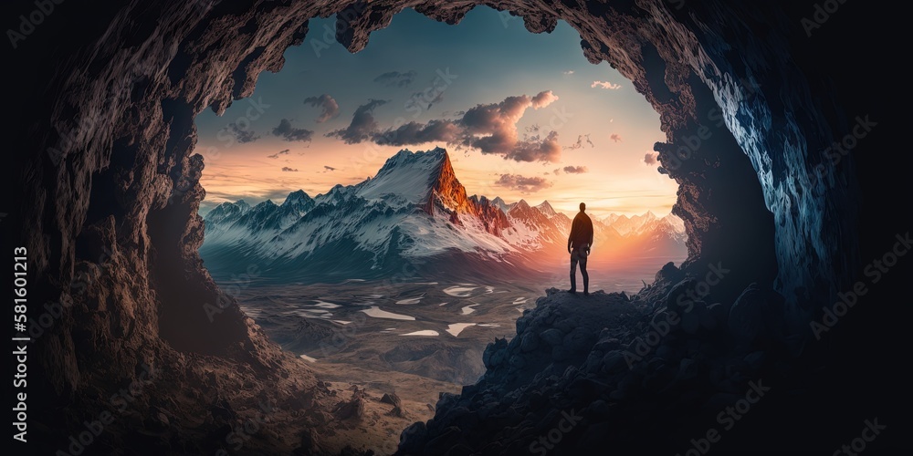 A hiker stands in a cave with mountains in the background Aerial image of British Columbia at sunset, Generative AI