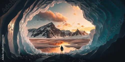 A man hiking in an ice cave with rocky mountains in background, standing adventurously Composite adventure with sunset sky and aerial image of British Columbia landscape, Generative AI photo