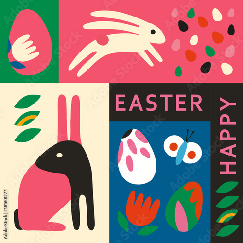 Happy Easter flat modern vector illustration. Egg hunt poster template. Minimalism. Hand drawn abstract flowers, bird, easter bunny, egg.