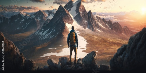 A daring hiker stands atop a peak, with rocky mountains as a background Aerial view from Yukon, Canada at sunset, Generative AI