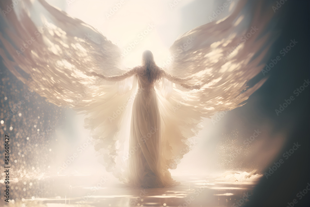 Etheral angel opening wings volumetric light, generative ai. Etheral angel opening wings volumetric light, generative ai.