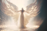 Etheral angel opening wings volumetric light, generative ai.