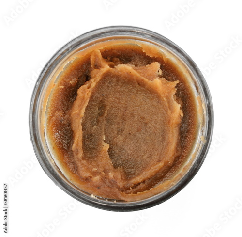 Smeared chestnut puree in jar isolated. Marrons cream, marron spread, castanea jam, homemade chestnuts dessert